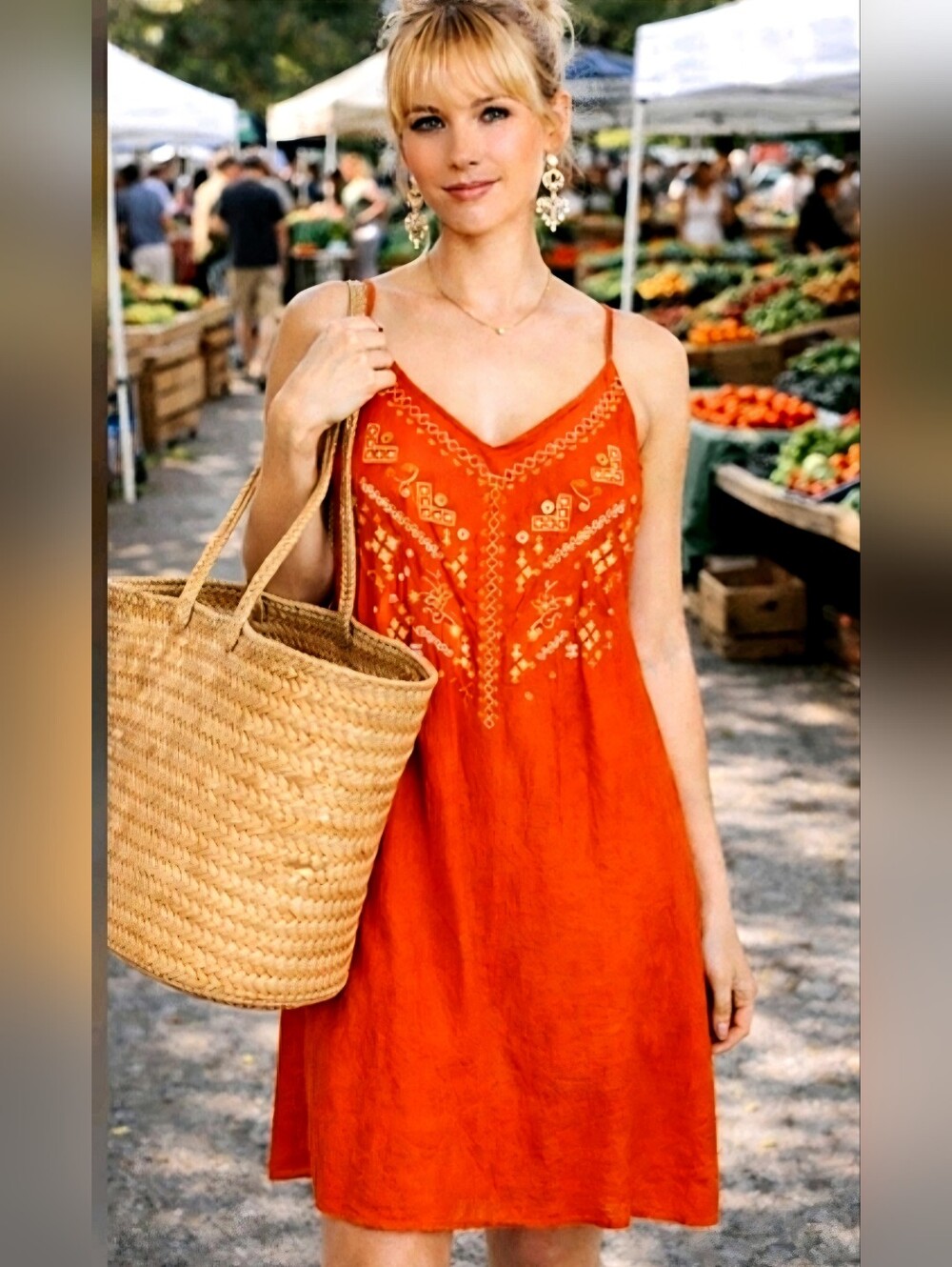Boho Orange Embroidered Sundress XL | Summer Casual Lightweight